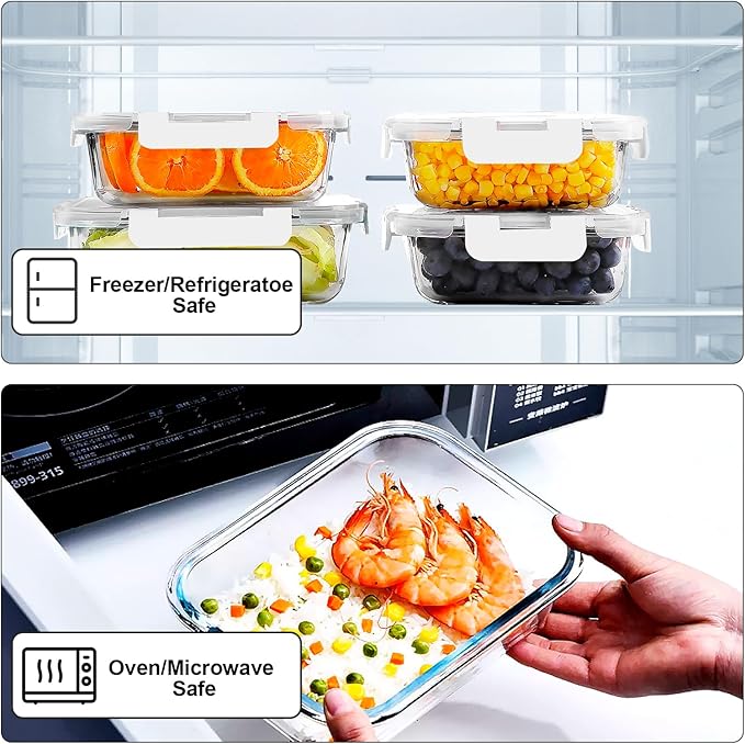 VERONES 10Pack Glass Meal Prep Containers, Airtight Glass Lunch Containers,Stackable Food Storage Containers Set with Lids,Exclusive of BPA, for Microwave,Oven, Freezer&Dishwasher Friendly,White