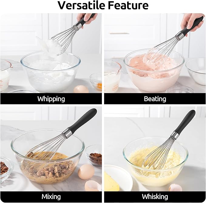 U-Taste Balloon Whisk for Cooking: 18/10 Stainless Steel Kitchen Wire Whisk, Medium Heavy Duty Egg Beater, Manual Baking Mixing Tool with 8 High Flex Wires for Stirring, Blending Sauce (Black)