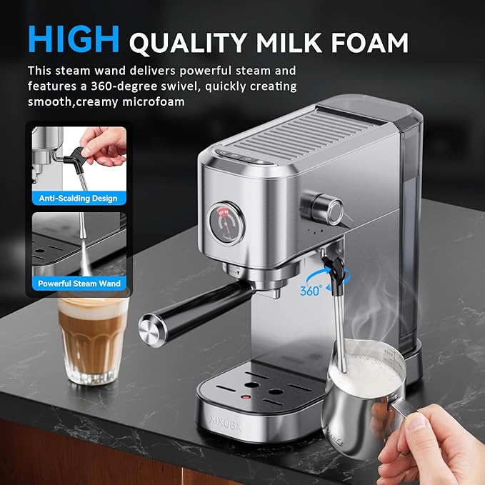 XIXUBX 20Bar Espresso Machine, Compact Espresso Maker with Milk Frother, Stainless Steel Coffee Machine for Cappuccino&Latte, 42oz Water Tank, Visible Pressure Gauge, Home&Office, Silver