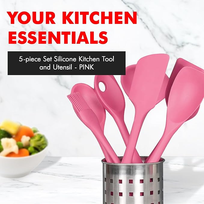 Chef Craft - Premium Silicone Kitchen Tools and Utensils Set, Non-Scratch, Withstands Temperatures up to 450°F, BPA-Free, 5 Piece Cooking Utensils Set, Pink
