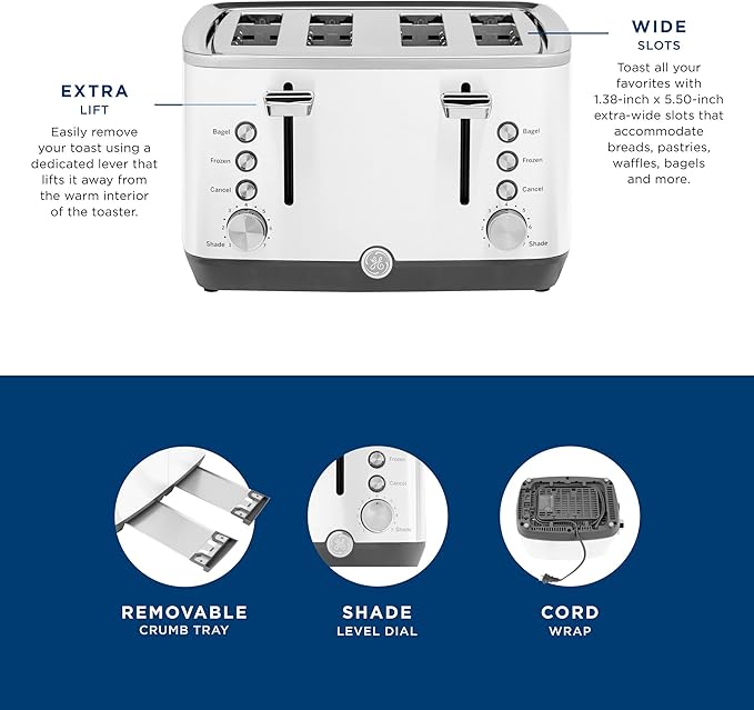 GE 4 Slice Toaster | Extra Wide Slots for Bagels, Breads, Waffles & More | 7 Shade Options | Countertop Kitchen Essentials | 1500 watt, White