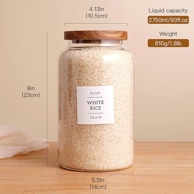 CZHQSMZ Set of 2 Large Glass Jar with Airtight Acacia Lid and 132 Kitchen Pantry Labels, Clear Glass Food Storage Jars Containers for Rice Flour Pasta Sugar Coffee Cookie and More(98 Fl Oz/2800 Ml)