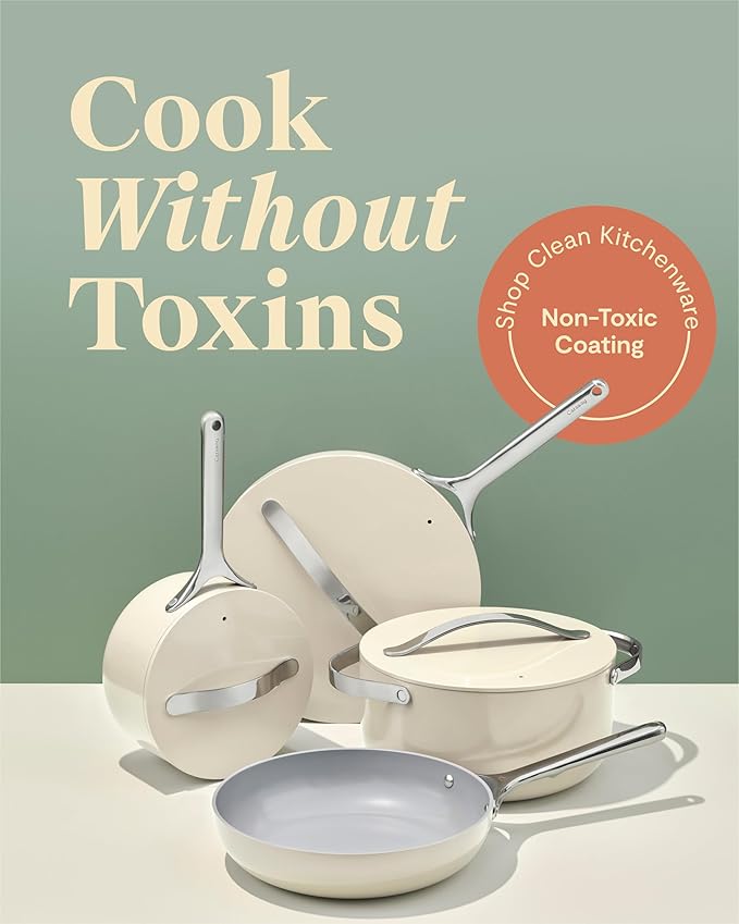 Caraway Nonstick Ceramic Cookware Set (12 Piece) Pots, Pans, Lids and Kitchen Storage - Non Toxic - Oven Safe & Compatible with All Stovetops - White
