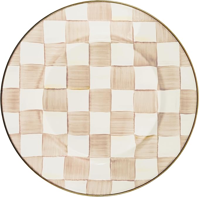 MACKENZIE-CHILDS Enamel Dinner Plate, Decorative Dinnerware Plate, 10 Inches, Brown-and-White Mocha Check