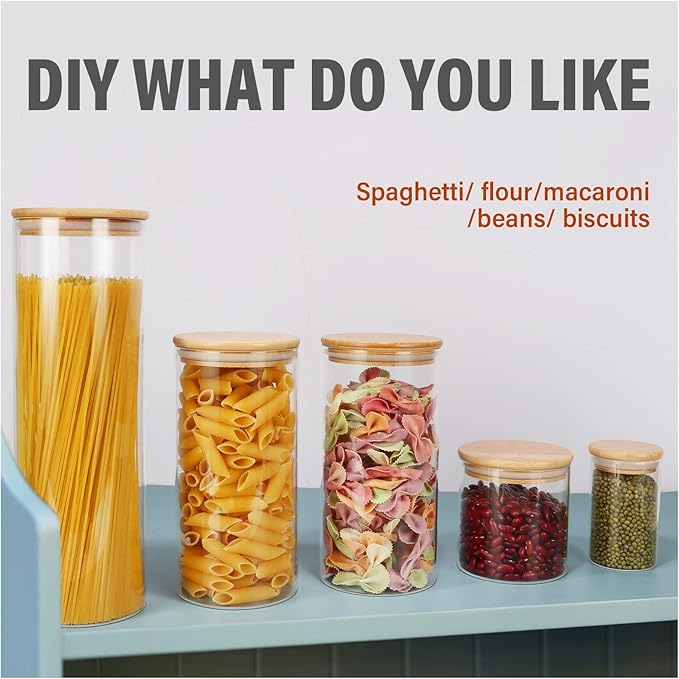 Glass Food Storage Containers Jars with Airtight Bamboo Lid 20 oz 9 pcs, 590 ml Pantry Organization Jar, Glass Terrarium with Lid, Spice, Flour and Sugar Container, Canister Set for Kitchen Counter