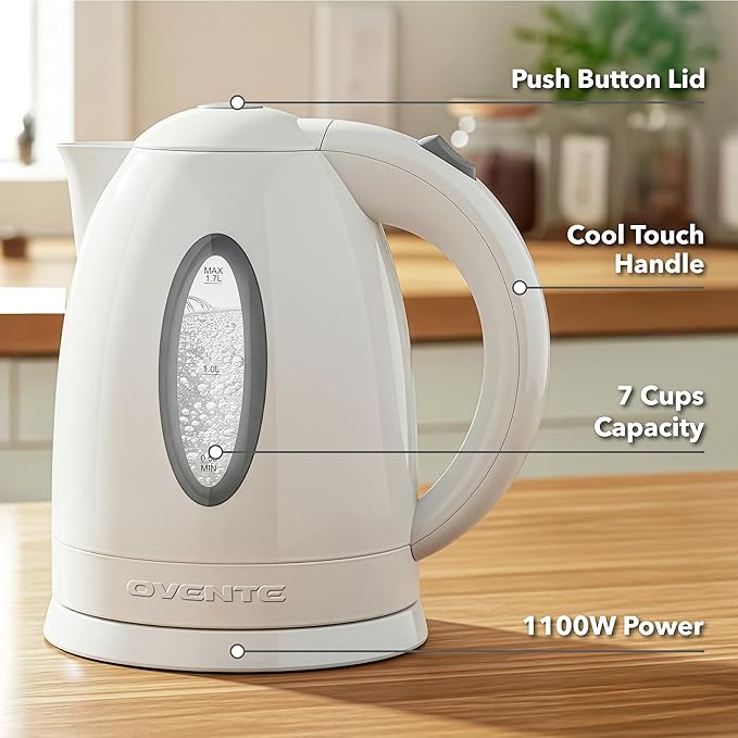 OVENTE Electric Kettle, 1.7L Fast Boiling Water Heater for Coffee or Tea, BPA Free with Water Level Gauge, Auto Shut-Off, Boil-Dry Protection, Indicator Light and Removable Filter, White KP72W