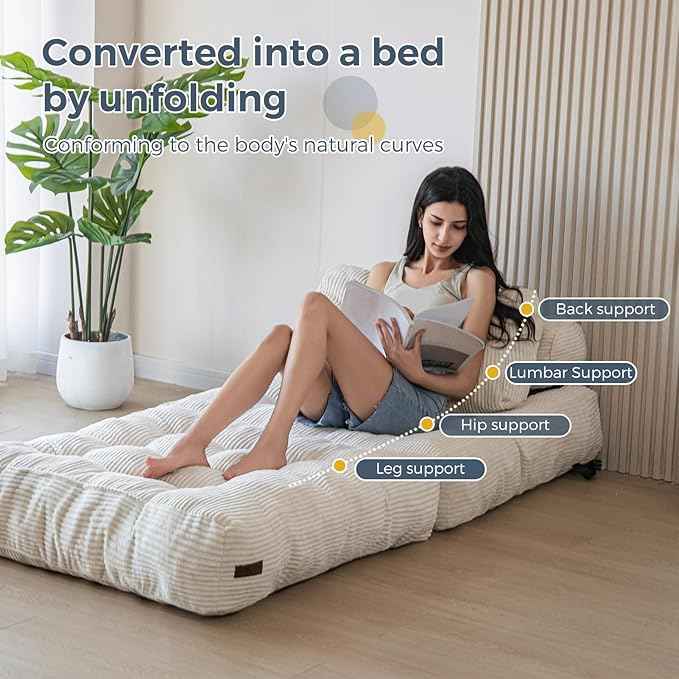 MAXYOYO Folding Sofa Bed, Convertible Sleeper Chair with Pillow Foldable Mattress with Back Support, Portable Fold Out Chair Bed Comfy Floor Sofa Lounge for Living Room Bedroom, Beige, Single