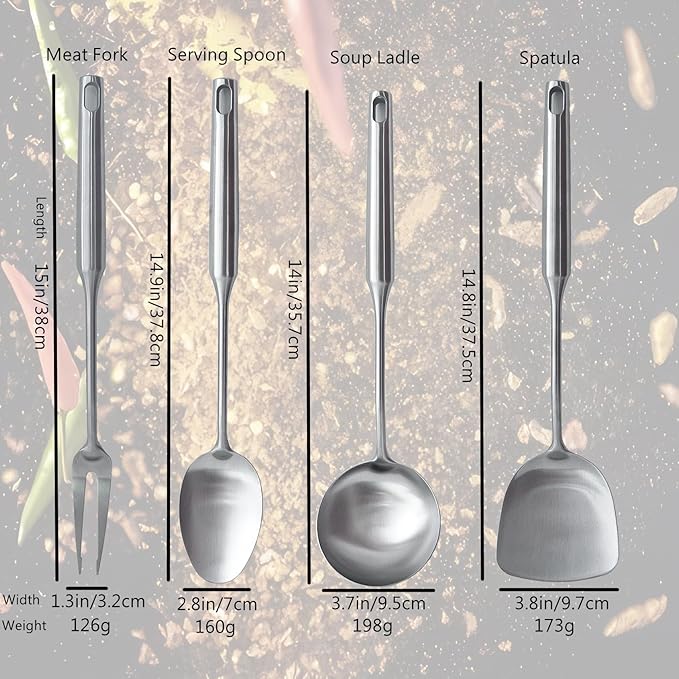 304 Stainless Steel Cooking Utensils Set 4 Piece 15 Inch Large Size Metal Kitchen Utensils Set Including Spatula,Ladle,Serving Spoon,Meat Fork,Stainless Steel Cooking Tools