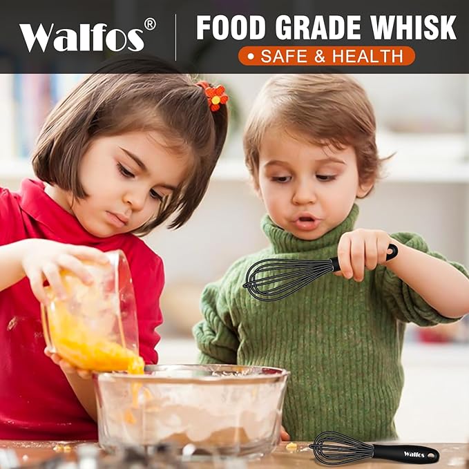Walfos Whisk 5+7in/12cm+17cm Mini Whisk,Silicone Whisks Non Scratch Heat Resistant (480°F). Nice for stirring individual eggs and mixing small amounts of powder and sauce.Dishwasher Safe.Black