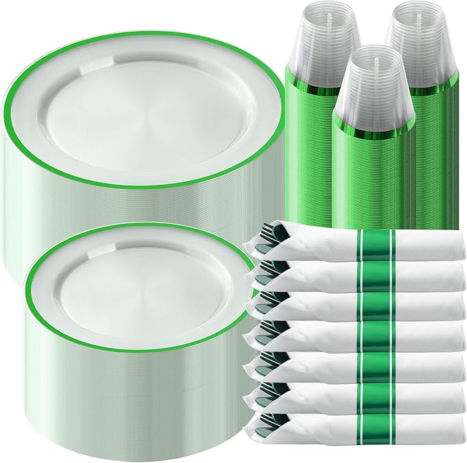 Goodluck 350 Piece Green Plastic Dinnerware Set for Party, Clear Disposable Plates for 50 Guests, Include: 50 Dinner Plates, 50 Dessert Plates, 50 Pre Rolled Napkins with Cutlery Set, 50 Cups