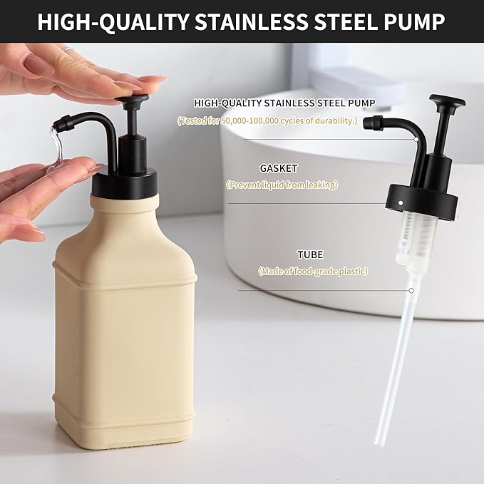 Enra Glass Soap Dispenser with Clear Window,12oz Matte Stainless Steel Hand Pump Dispenser,Hand and Liquid Soap Dispenser Rust Proof Countertop Lotion Bottle (Beige-Square-Liquid)