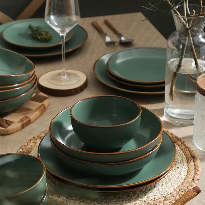 Stone Lain Brasa Modern Stoneware 32 Piece Dinnerware Sets, Plates and bowls Sets, Dish Set for 8, Green