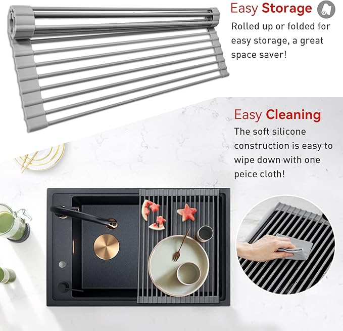 MERRYBOX Roll Up Over The Sink Dish Drying Rack Silicone Wrapped Foldable, Heat-Resistant, Anti-Slip Sink Rack Multipurpose Dish Drainer for Kitchen Sink Counter - Grey, 17.5" x 11"