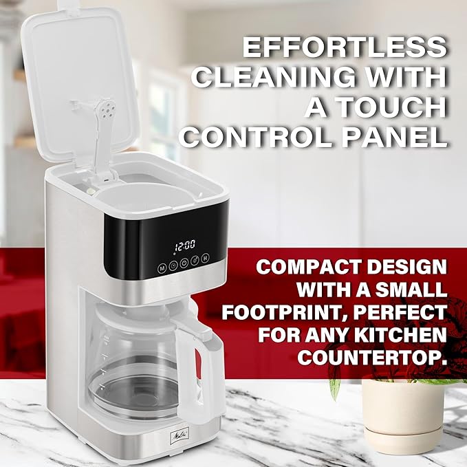 Melitta Aroma Tocco Glass Drip Coffee Maker | Programmable Coffee Machine | Glass Carafe Coffee Pot | 10 Cup Coffee Maker | Touch Control Panel | Stainless Steel accented | White