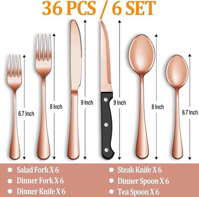 36 Pcs Rose Gold Silverware Set with Steak Knives Service for 6,Stainless Steel Flatware Set,Mirror Polished Cutlery Utensil Set, Kitchen Eating Tableware,Include Fork Knife Spoon Set,Dishwasher Safe