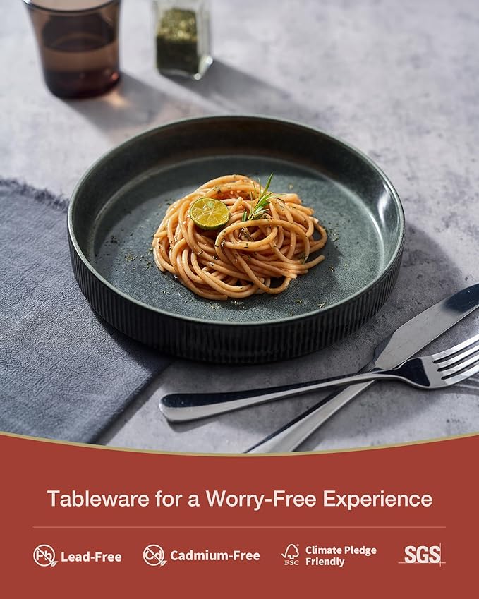 famiware Star 8.25" Pasta Bowls, Large Dinner Bowls Set of 4, Salad Bowl Plates, Shallow Bowls for Eating, Deep Forest
