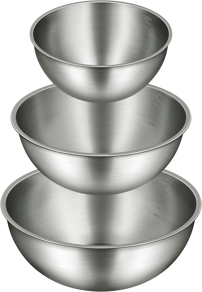 Gronivex Stainless Steel Mixing Bowls Set of 3 (1.5, 2.2, 3.4 Qt) - Food Grade 304, Nesting Design, Dishwasher Safe for Baking, Salad Prep & Cooking