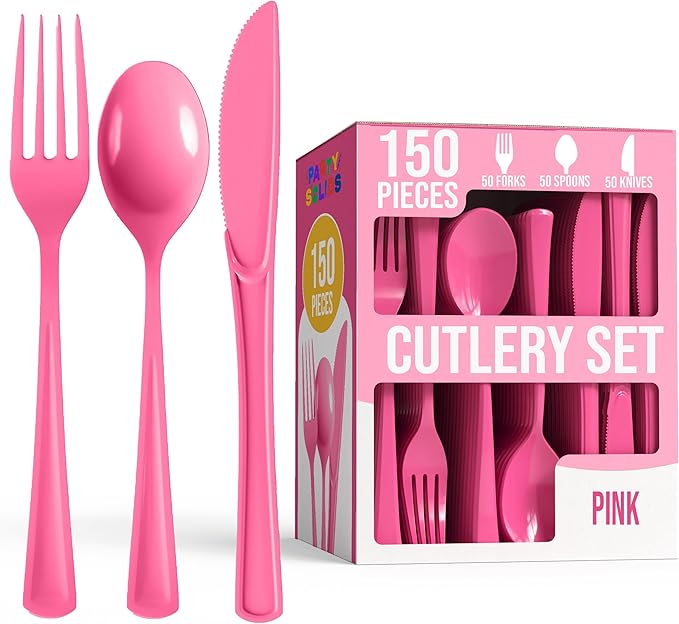 Party Solids Hot Pink Plastic Silverware Heavy Duty 150 Pieces Hot Pink Plastic Cutlery Sets, Utensil Sets, 50 Of Each Forks, Knives & Spoons Disposable Cutlery Set, Flatware Set For Party Supplies