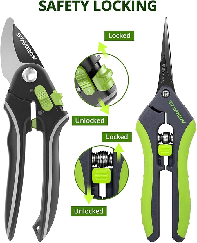 Garden Shears Set: 8.5" Bypass Pruning Shears & 6.5" Straight Trimming Scissors, Ultra-Sharp Garden Scissors with Stainless Steel Blades, Safety Lock, Gardening Gifts for Women Men, 2 Pack