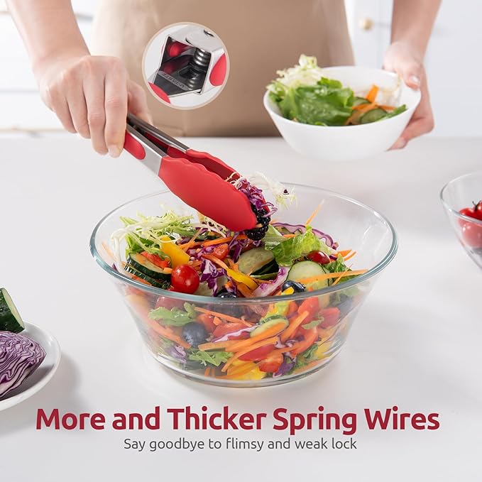 480ºF Heat Resistant Kitchen Tong: U-Taste 7 inch Silicone Cooking Tong with Firm Sealed Non Stick Rubber Tips & Silicon Coated 18/8 Stainless Steel Handle & Smooth Locking for Serving Salad (Red)