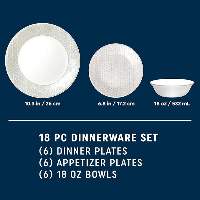 Corelle Vitrelle 18 Piece Glass Dinnerware Sets Service for 6, Triple Layer Chip & Crack Resistant Glass Plate and Bowl Sets, Knox