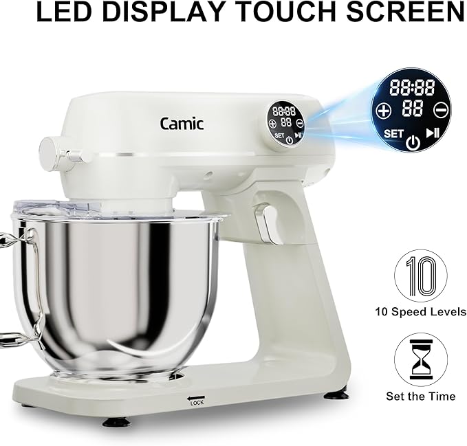 8.45 QT All Metal Dough Mixer,10 Speed Large Capacity Kitchen Stand Mixer with Digital Timer & Tilt-Head, Electric Mixer with Whisk Dough Hook Mixing Beater for Baking,Cakes,Cookie,Bread,Salad(White)