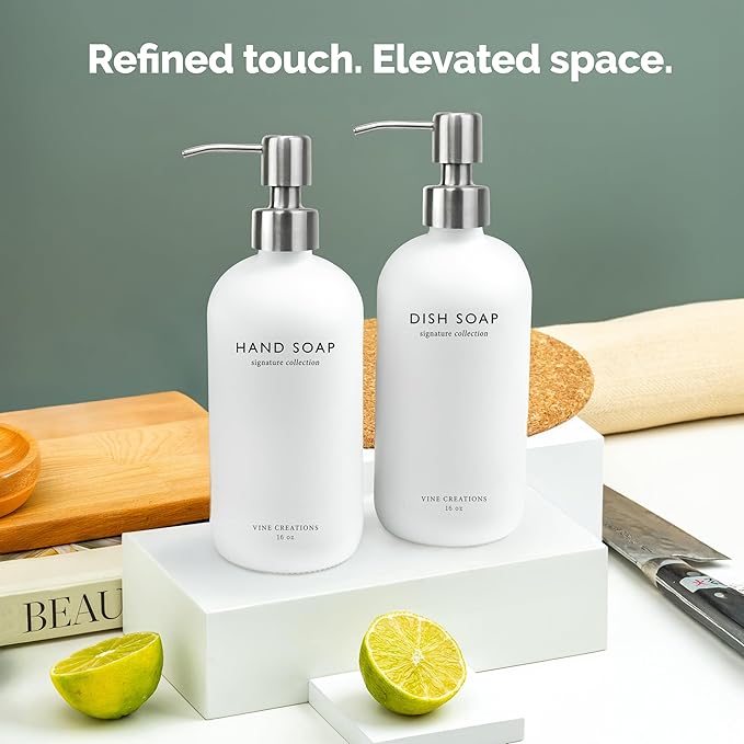 Vine Creations White Glass Soap Dispenser Set, Dish Soap and Hand Soap Dispenser Set with Stainless Steel Pump, 16 oz Glass Dispensers for Kitchen or Bathroom Decor (Matte White Bottle/Silver)