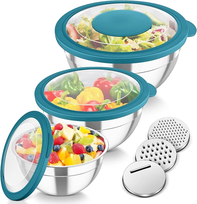 TeamFar Mixing Bowls, 3PCS Stainless Steel Serving Salad Bowls with Lids & 3 Graters, For Kitchen Mixing/Baking/Storing/Prepping, Visible & Airtight, Easy Clean - 4.5/3 / 1.5 QT, Dark Blue