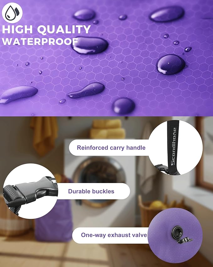 Travel Laundry Bag, Pump Free Vacuum Storage Bag Reusable Compression Dirty Clothes Travel Bag Waterproof Wet Dry Bags Large Capacity Space Saver Bags Camp Clothes Organizer (1 Pcs)(Purple, L)