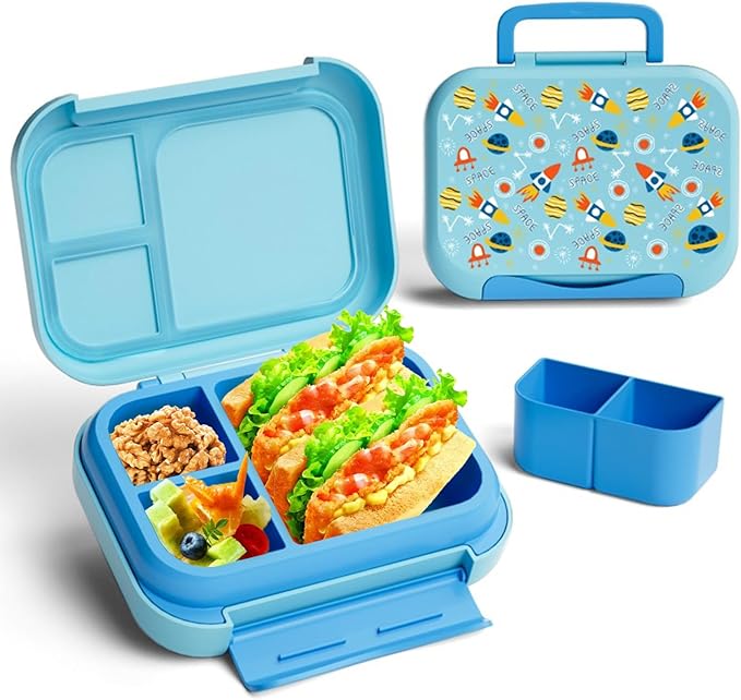 Prints Leak-Proof XL Lunch Box - Reusable 3-Compartment Containers Bento Box for meal Prepping;5-Cup Capacity for Adults & Ages 8+, BPA-Free, Dishwasher Safe (Blue - Planet Rocket)