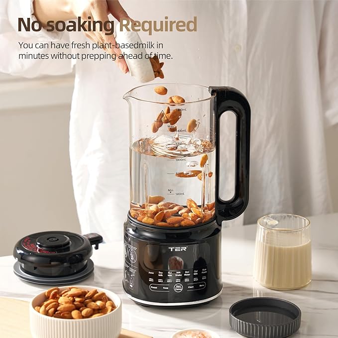 50OZ Nut Milk Maker Machine, TER 10-in-1 Soy Milk Maker for Almond/Oat/Soy Milk, Juice, Milkshake, Rice Paste, Auto Clean/24H Preset Time/12H Keep Warm, with 7 Accessories, Black