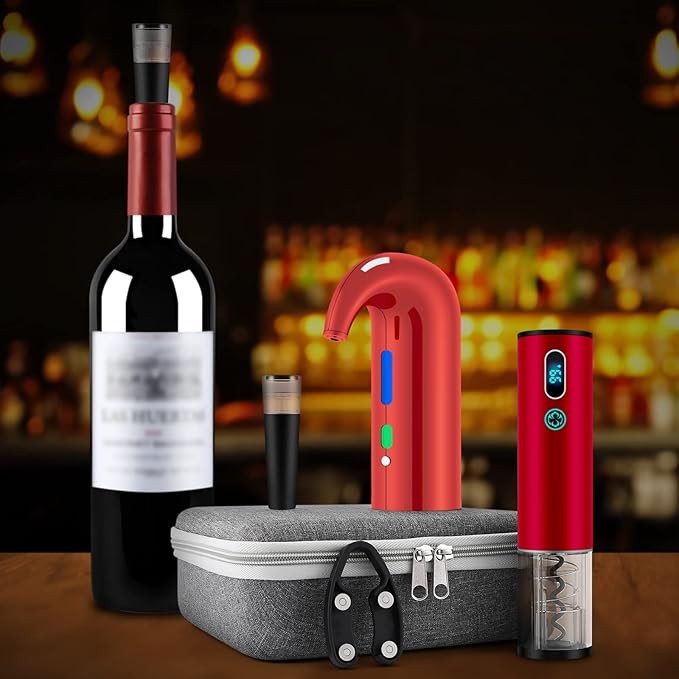 Wine Bottle Opener Christmas Day Gift Set with Electric Wine Opener, Wine Decanter&Wine Aerator and Pourer, wine stopper, Foil Cutter and EVA Storage Bag, Rechargeable and Automatic-(Christmas Red)