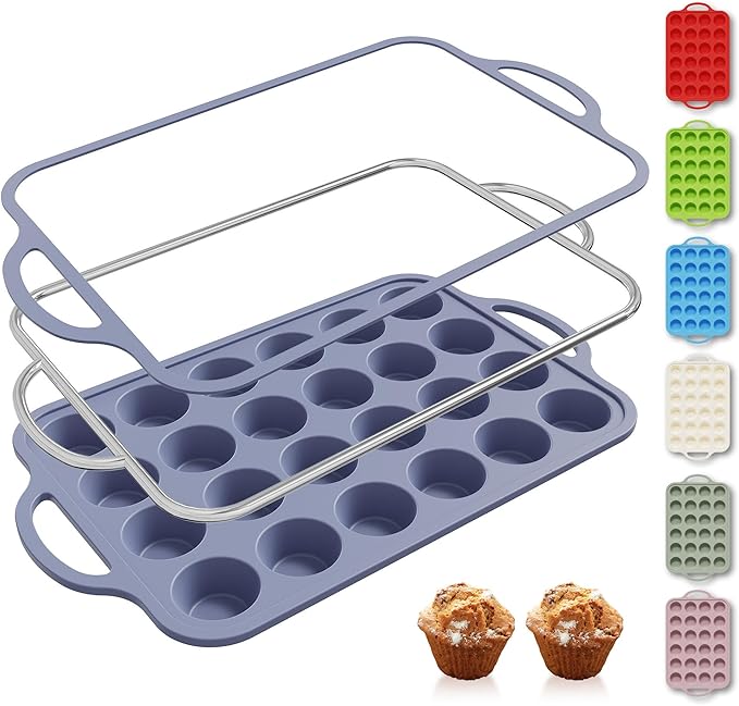 24 Cups Silicone Muffin Pan with Metal Reinforced Frame Mini Size Cupcake Tray Egg Mold Kitchen Stuff Accessories New Home Essential First Department Must Haves Gadget Thing Housewarming Hostess Gift