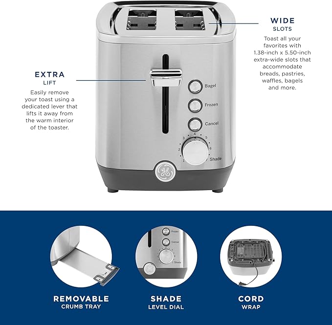 GE 2 Slice Stainless Steel Toaster, Extra Wide Slots for Toasting Bagels, Breads, Waffles & More, 7 Adjustable Shade Settings, Removable Crumb Tray, Countertop Kitchen Essentials, 850 Watts