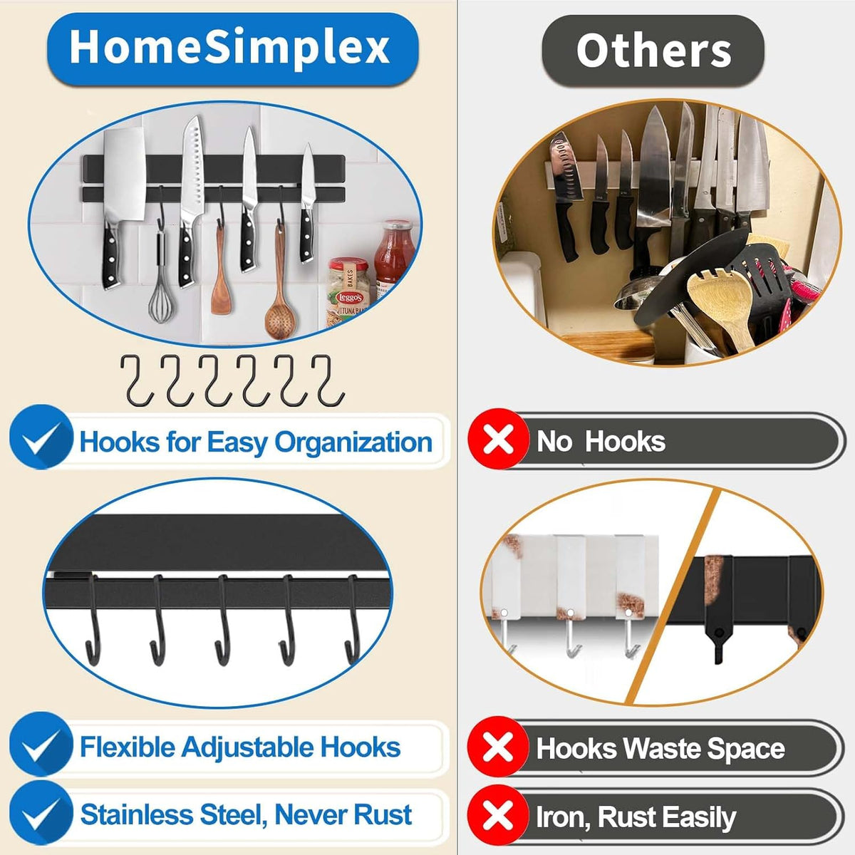17 Inch Magnetic Knife Holder for Wall, Adhesive Knife Magnetic Strip No Drilling with 12 Hooks, Powerful Magnetic Knife Strip, Magnetic tool Holder for Kitchen Knives & Utensils (Black)