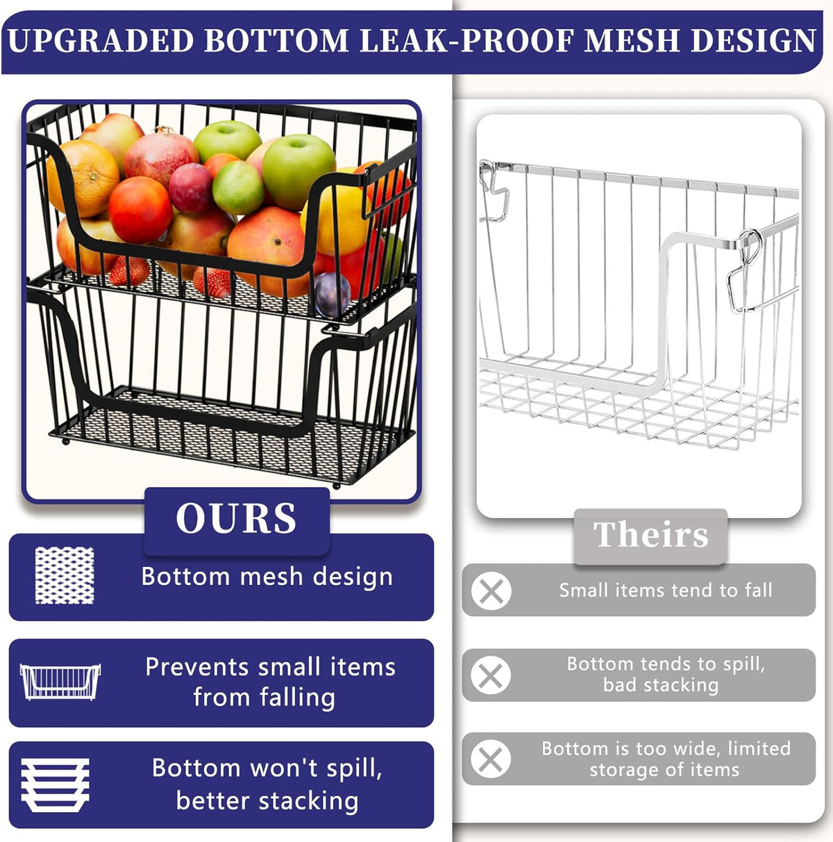 Enhanced Leak-Proof Bottom Stackable Wire Baskets, 5 Pack Pantry Organizers and Storage, pantry storage，Shelf Baskets, Fruit Basket, Potato and Onion Storage Bins，(Black)
