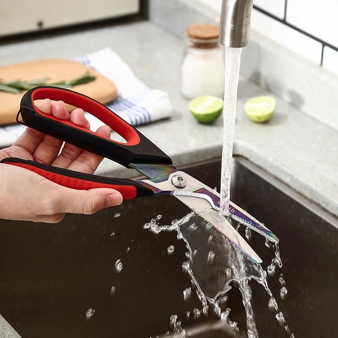 LIVINGO Heavy Duty Kitchen Scissors - Titanium Coated Sharp Poultry Shears Multipurpose for Cutting Chicken Bones, Meat, Vegetable Food, 9.5 Inches Comfortable Grip with Safe Lock