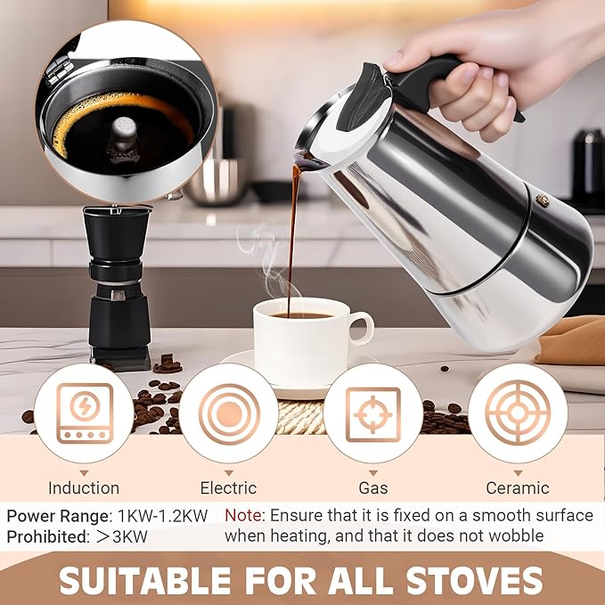 Moka Pot, 9 Cups (15.9 oz) Stovetop Espresso Maker, 304 Stainless Steel Moka Pot, Induction Compatible, Silver