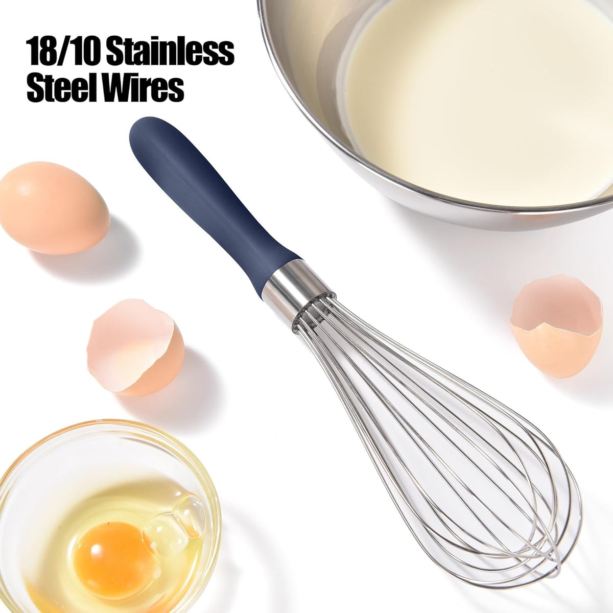 18/8 Stainless Steel Balloon Whisk, Doosu Kitchen Whisk for Cooking Handheld Egg Beater with Rust-Proof Sturdy Wires & Non-Slip Silicone Handle for Beating, Stirring, Blending (8 Wires, Navy Blue)