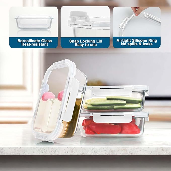 BAYZZ 10 Pack Glass Meal Prep Containers, Glass Food Storage Containers with Lids, Airtight Lunch Box, Freezer,Oven,Microwave and Dishwasher Safe,White
