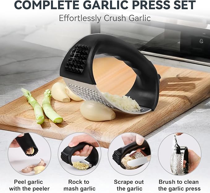 2 Pack Garlic Press Rocker Set – Innovative Stainless Steel Garlic Mincer & Crusher with 2 Peelers, 2 Scrapers, and 2 Brushes for Effortless Garlic Prep | Complete Garlic Tool Kit (BLACK)