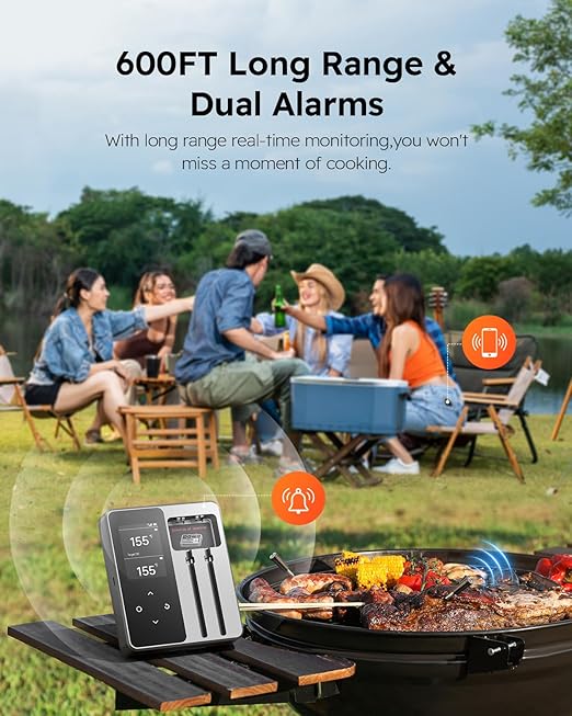 Wireless Meat Thermometer with App Control, 600FT Bluetooth Range, Dual Probes & 6 Sensors, 0.5S Instant Read, LCD Display, IP67 Waterproof Real-Time Monitoring & Smart Alerts for BBQ, Grill, Oven