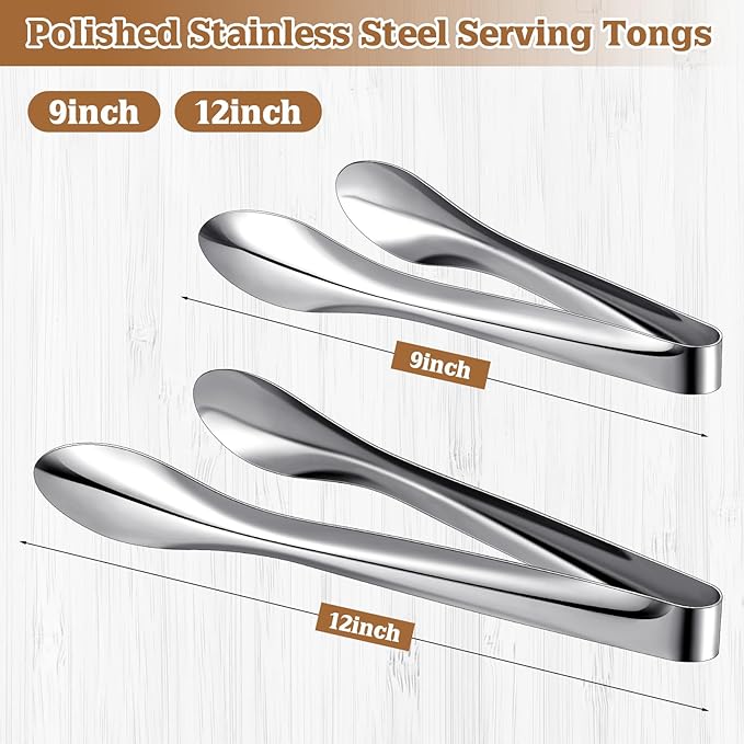 2 Pack 9 Inch and 12 Inch Serving Food Tongs Silver Buffet Stainless Steel Tongs Polished Heavy Duty Kitchen Tableware Set for Cooking Salad Party Picking up Ice Appetizers and More