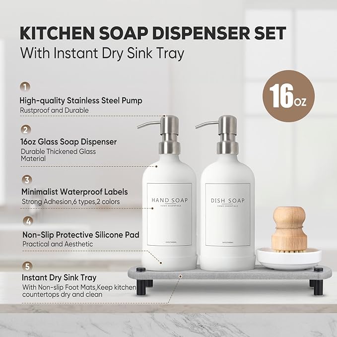 Kitchen Soap Dispenser Set with Instant Dry Tray,16 Oz Hand and Dish Soap White Glass Dispenser Set,Stainless Steel Pump,Waterproof Labels&Dish Brush,Luxury Soap Bottle for Kitchen,Bathroom