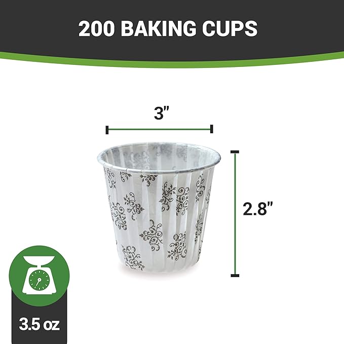 Restaurantware Panificio 3.5 Ounce Baking Cups 200 Pleated Cupcake Liners - Oven-Ready Freezable Black And White Paper Muffin Cases Disposable Vintage Floral For Wedding Parties Baby Showers