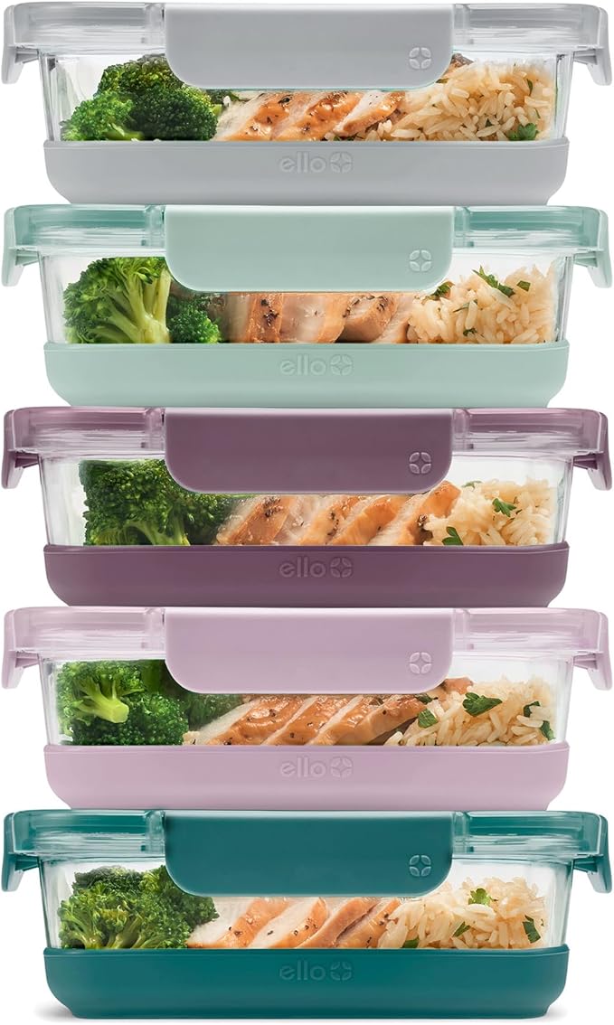 Ello Duraglass 3.4 Cup Meal Prep Sets 10Pc, 5 Pack Set- Glass Food Storage Container with Silicone Boot and Airtight BPA-Free Plastic Lids, Dishwasher, Microwave, and Freezer Safe, Garden Goals