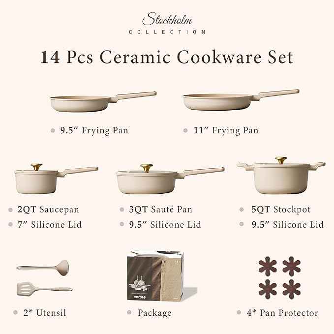 CAROTE Ceramic Cookware Set Nonstick, 14pcs Pots and Pans Set Nonstick, Non-Toxic & PFAS-Free, Dishwasher, RV/Camping Cookware Set, Cooking Pots with Lids, Light Taupe