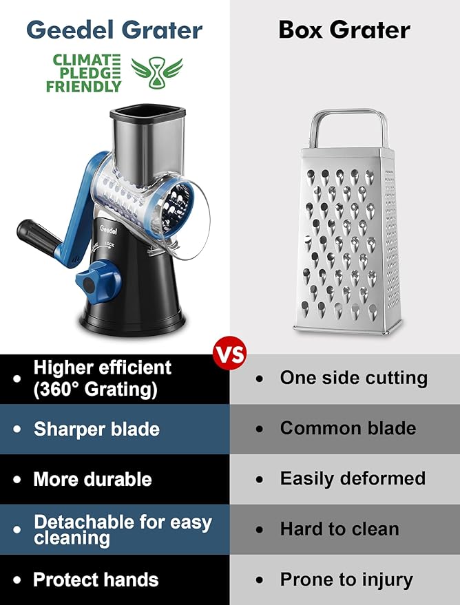 Geedel Rotary Cheese Grater, Kitchen Mandoline Vegetable Slicer with 3 Interchangeable Blades, Easy to Clean Rotary Grater Slicer for Fruit, Vegetables, Nuts