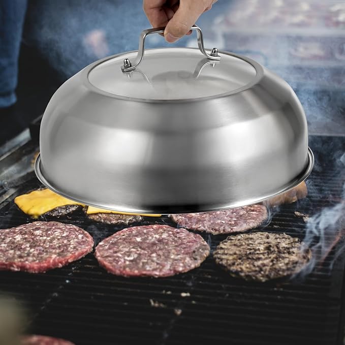 12.75 Inch Stainless Steel Basting Cover, Melting Dome for Griddle Cooking, Round Steaming Cover Lid with Tempered Glass Top and Steam Holes, Dishwasher Safe (12.75")
