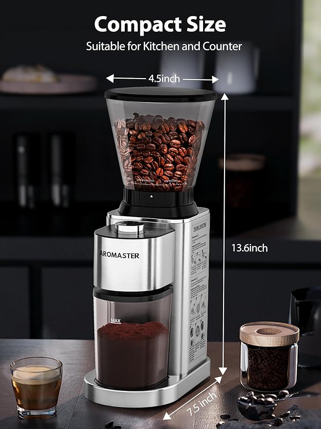 Aromaster Burr Coffee Grinder with 48 Gind Settings, Conical Coffee Bean Grinder for Home Use,Stainless Steel,40 Seconds Adjustable Timer,Anti-static,Easy to Clean with Brush